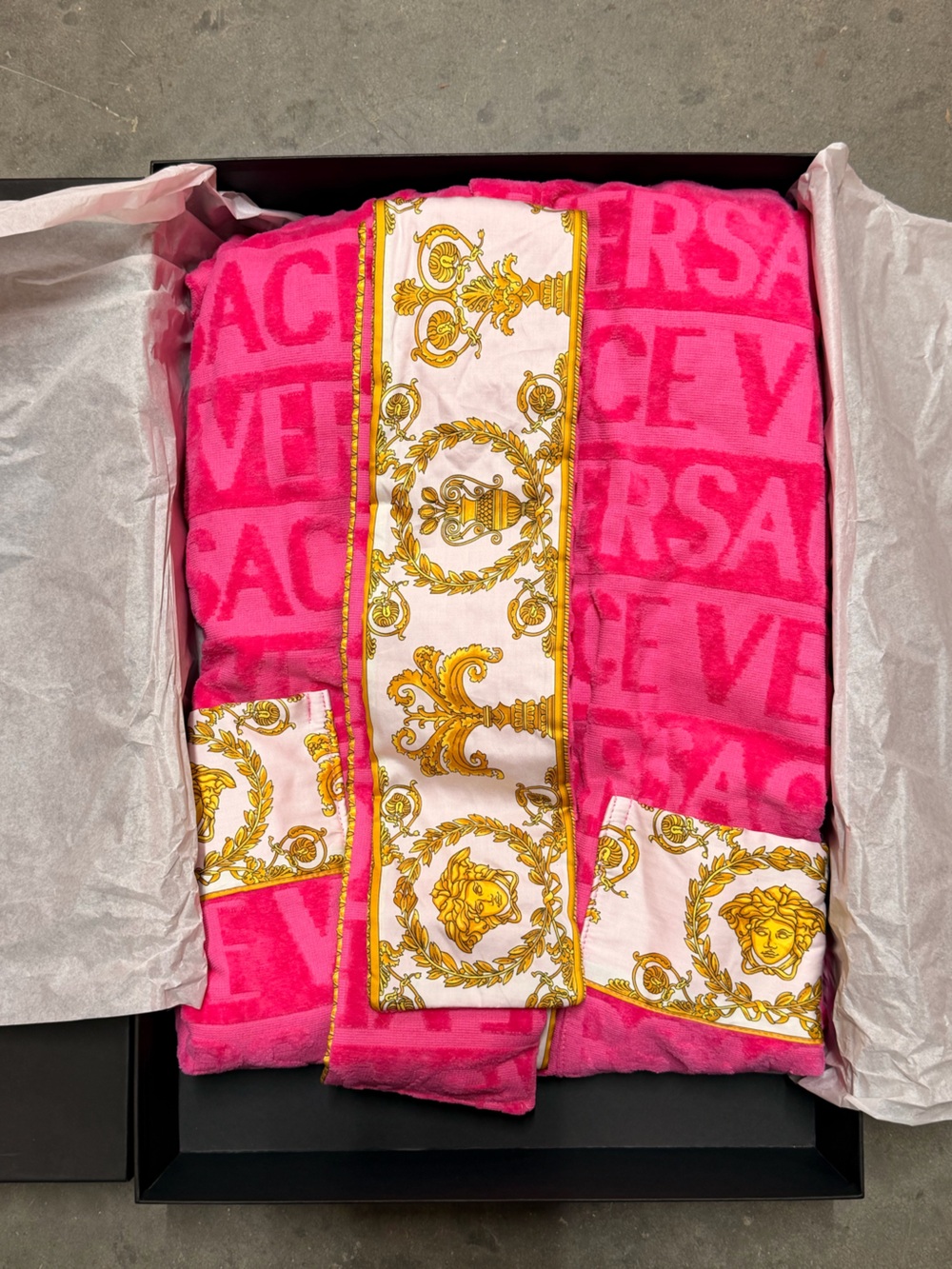Versace Hot Pink Hooded Terry Robe Jacket with Gold Trim - Picture 8 of 10